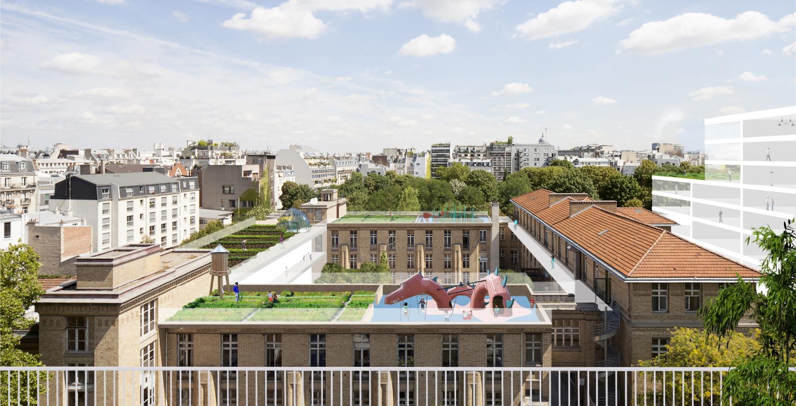 Le toit de l’équipement mutualisé - bâtiment Pinard en 2024, Paris