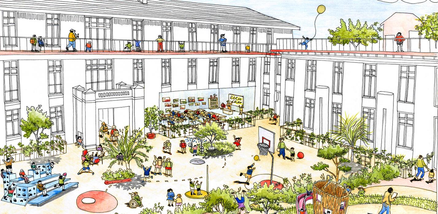 Cour de l'école - Dessin inspiré de la concertation citoyenne 2018